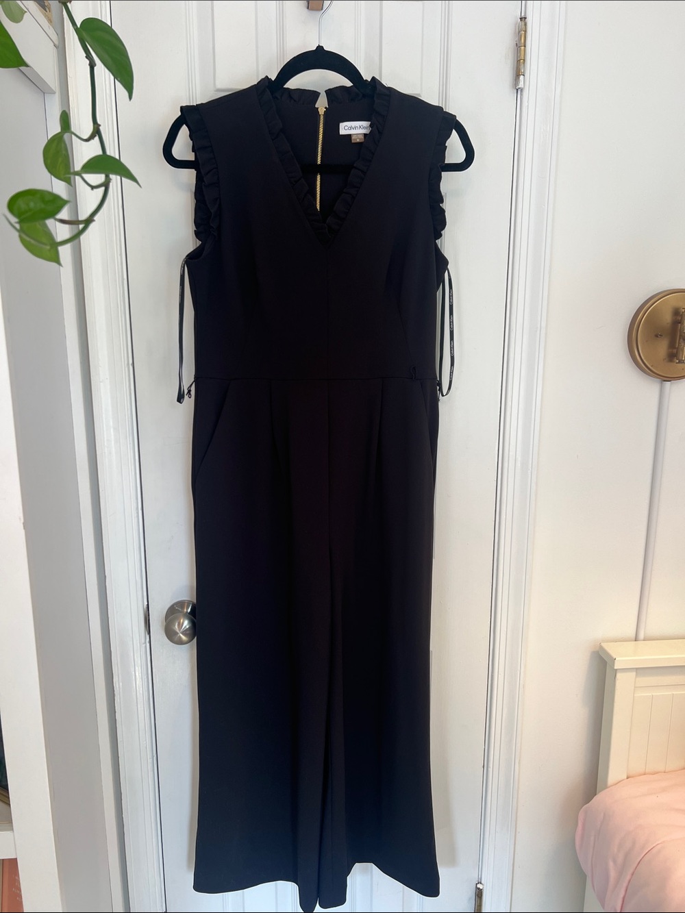 Calvin Klein Black Sleeveless V-Neck Ruffle-Trim Jumpsuit